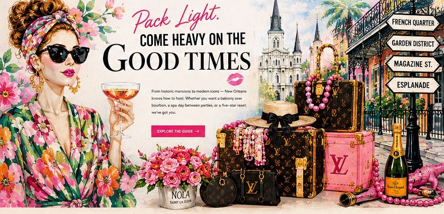 Original luxury pop-art New Orleans girls-trip scene with fashion luggage, champagne, florals and statement typography